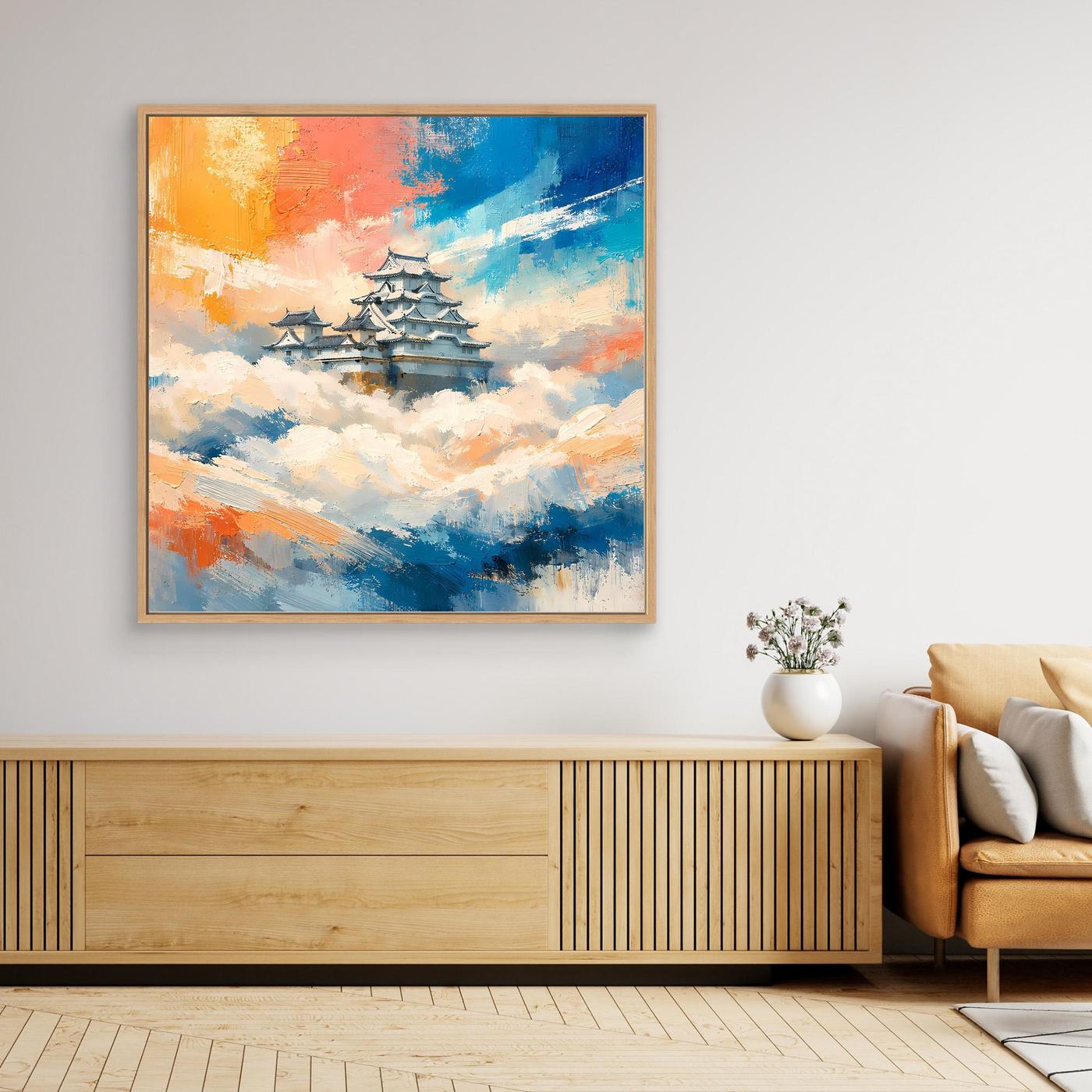 Leinwand Traditionelle Japanische Burg über den Wolken | Fernöstliches Wandbild auf echter Leinwand