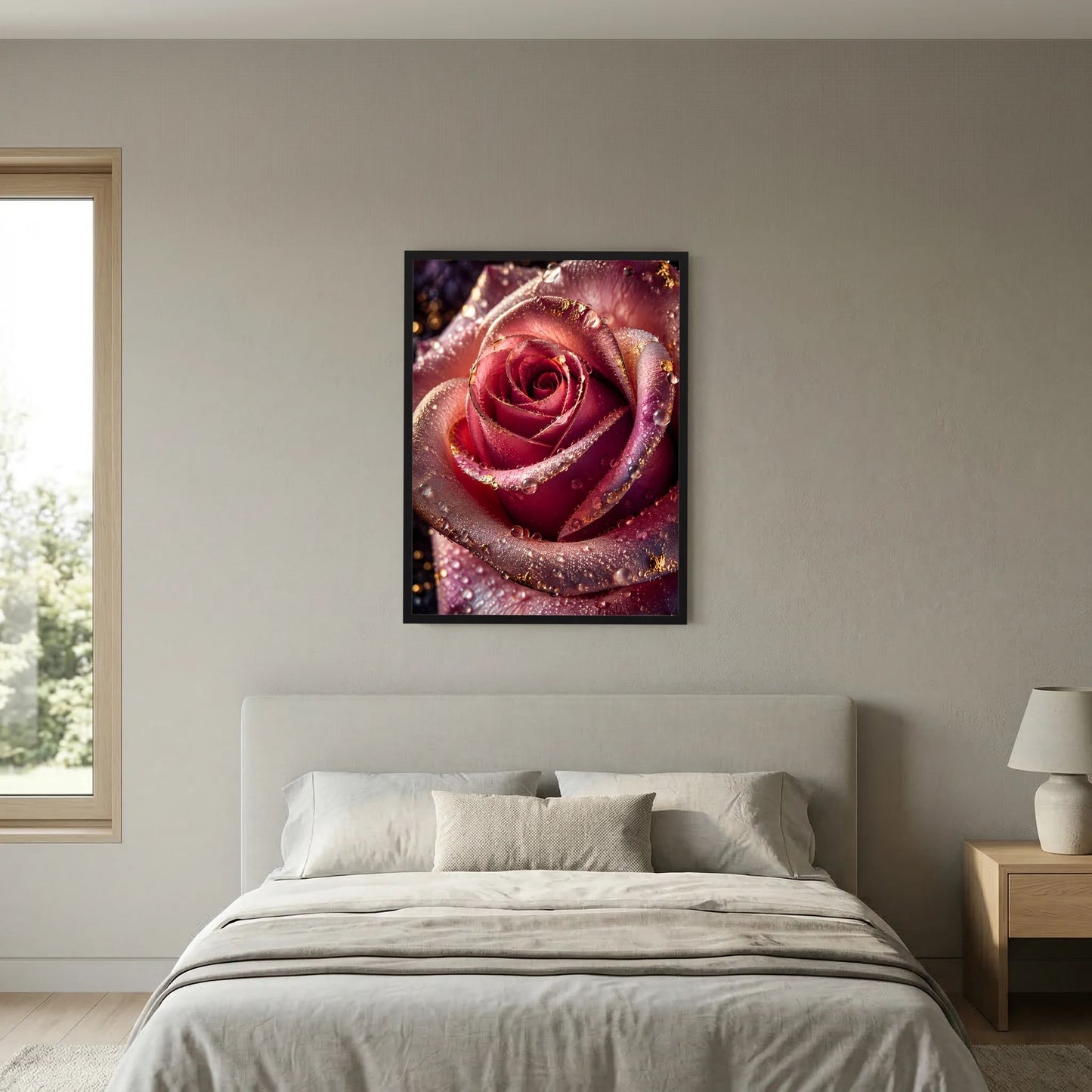 Hochformatiges Rosen-Poster mit zentraler Blüte in Rot-Rosa, umgeben von goldenen Reflexen.