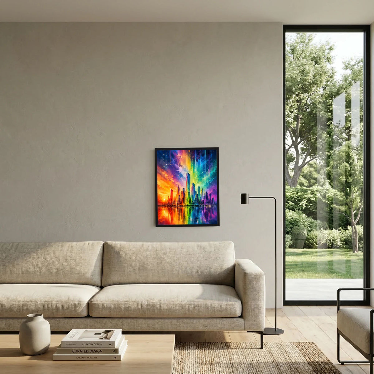 Gerahmtes Stadtposter: Regenbogen-Skyline mit Lichtpunkten über dem Wasser