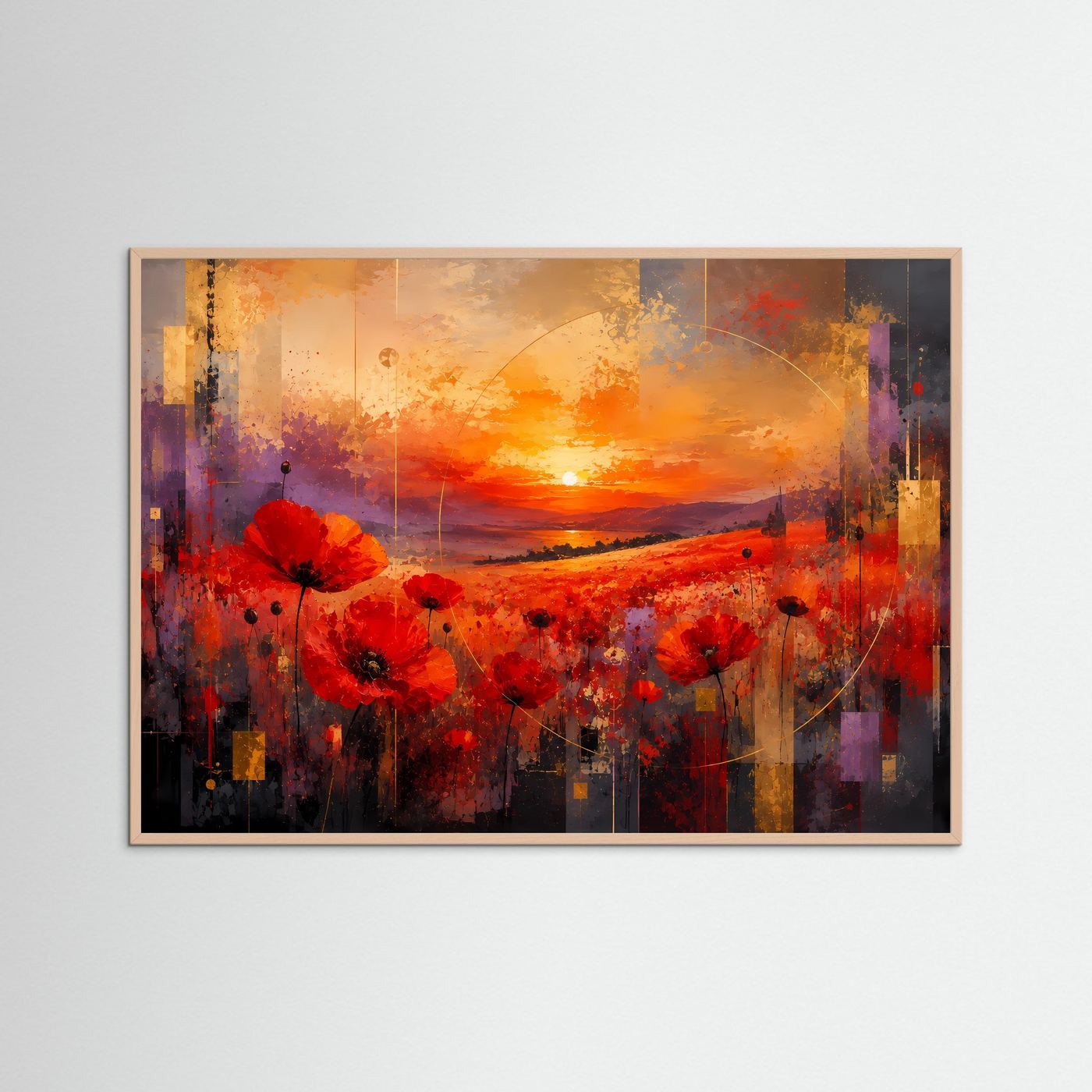Mohnblumenfeld bei Sonnenuntergang Poster Querformat | Abstrakte Landschaft mit roten Mohnblumen | Modernes Wandbild in Rot, Orange & Gold