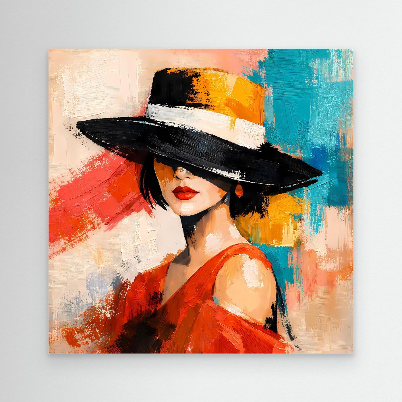 Canvas wall art of an elegant woman in a red dress and black hat with abstract brushstrokes