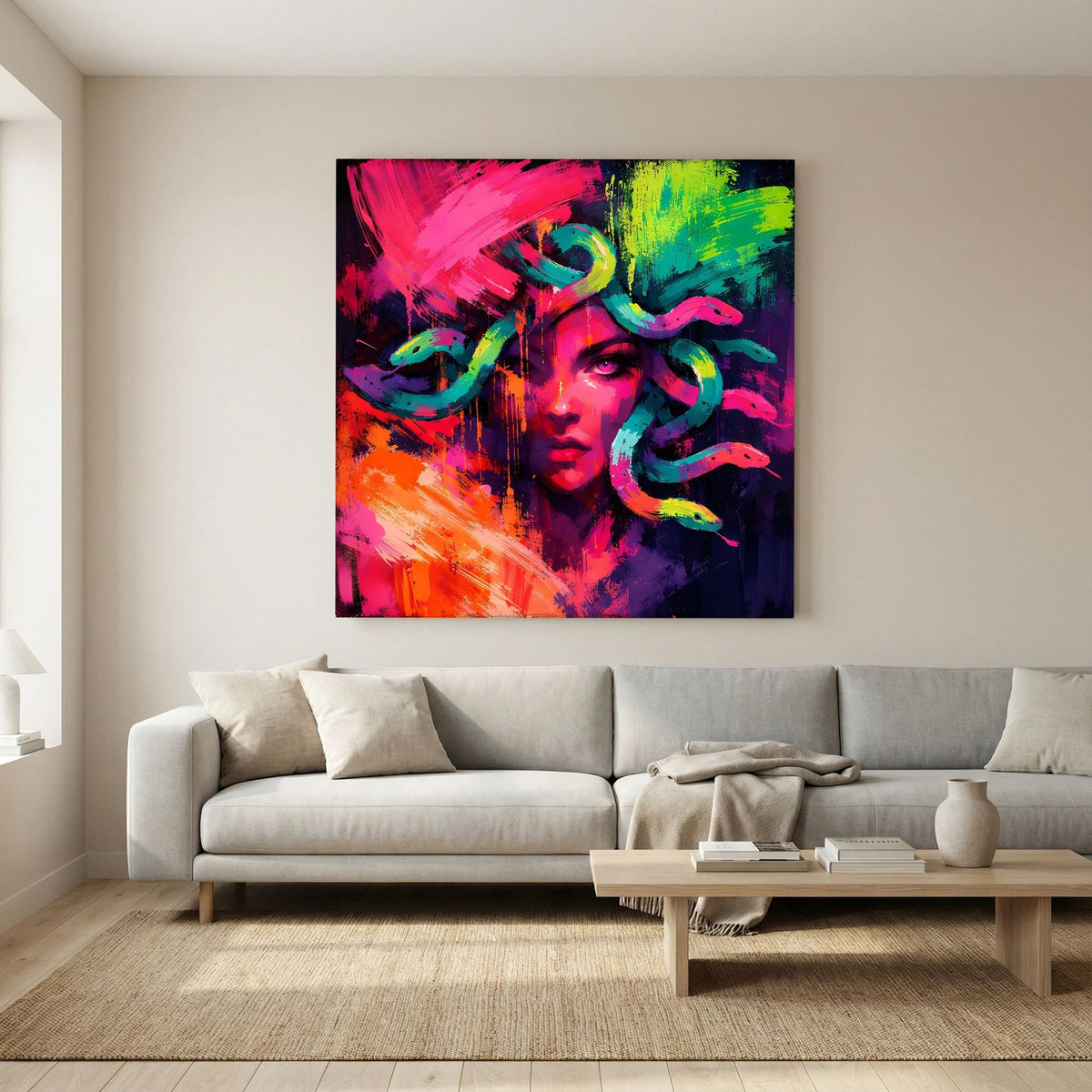 Leinwandbild mit Medusen-Gesicht in Neonfarben, schwarzer Rahmen an der Wohnzimmerwand