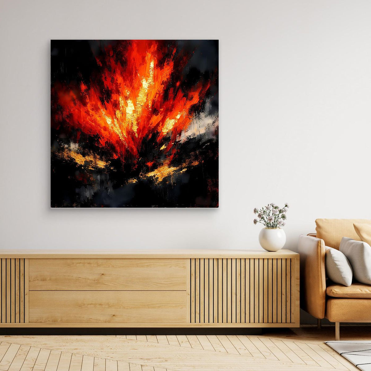 Rechteckiges Leinwand-Wandbild mit abstraktem Feuer in Rot/Orange, schwarzer Rahmen
