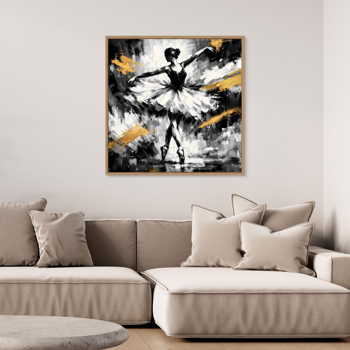 Abstraktes Leinwandbild mit Ballerina in Schwarz-Weiß und goldenen Pinselstrichen, Holzrahmen
