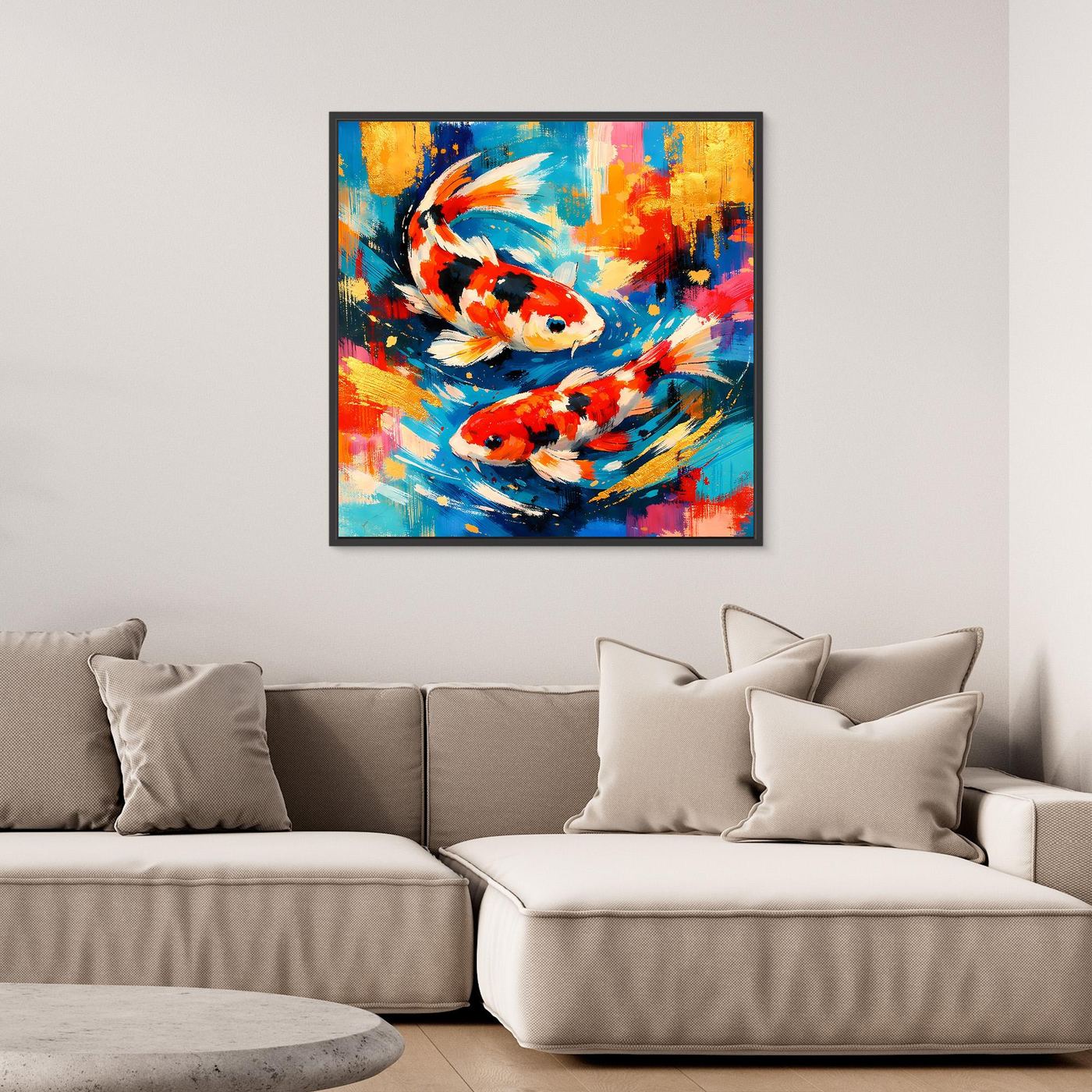 Abstraktes Leinwandbild mit Koi-Fischen, bunt, schwarzer Rahmen