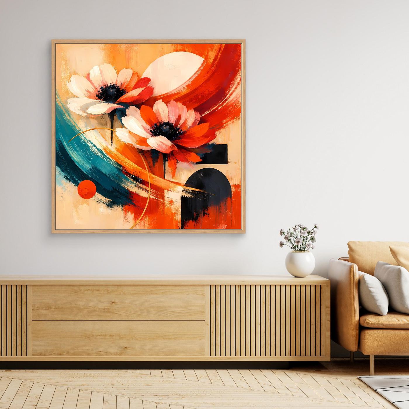 Leinwandbild mit abstrakten Anemonen, Holzrahmen, Rot, Orange, Teal und Schwarz