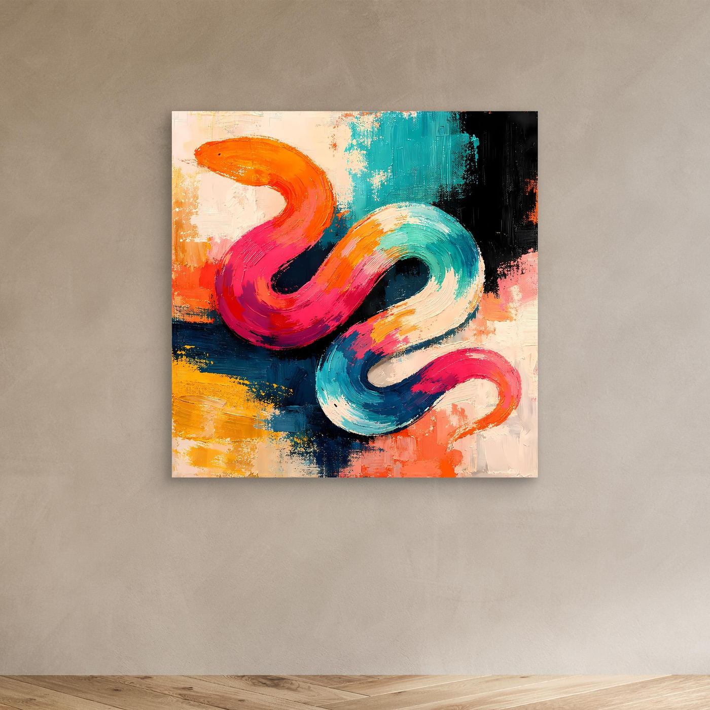 Leinwandbild mit abstrakter Schlange in Pink, Türkis und Orange im Pop-Art-Stil