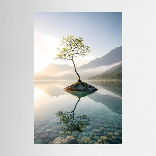 Einsamer Baum im Bergsee | Minimalistische Natur mit Spiegelung | Poster Hochformat