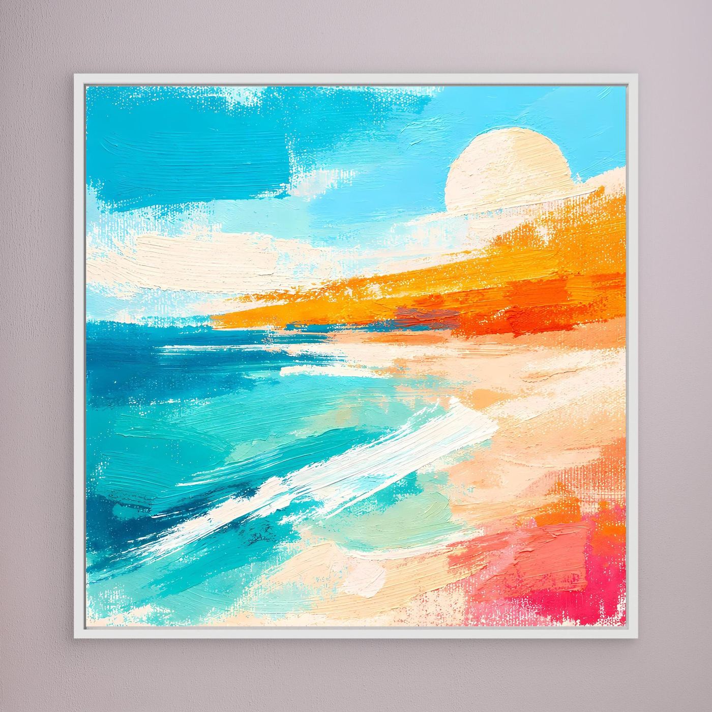 Abstract beach wall art: teal ocean, pale sun, orange shore; white frame