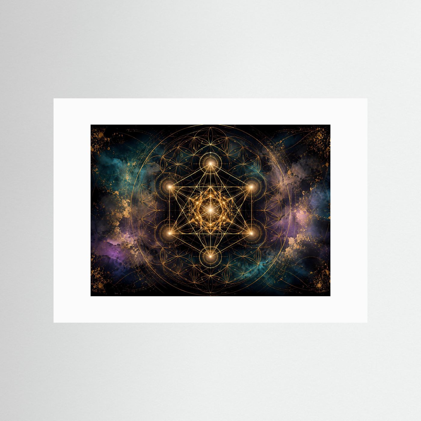 Heilige Geometrie Poster | Goldene Sacred Geometry mit Metatrons Würfel | Spirituelle Wandkunst | Kosmisches Mandala | Premium Leinwand & Wall Art