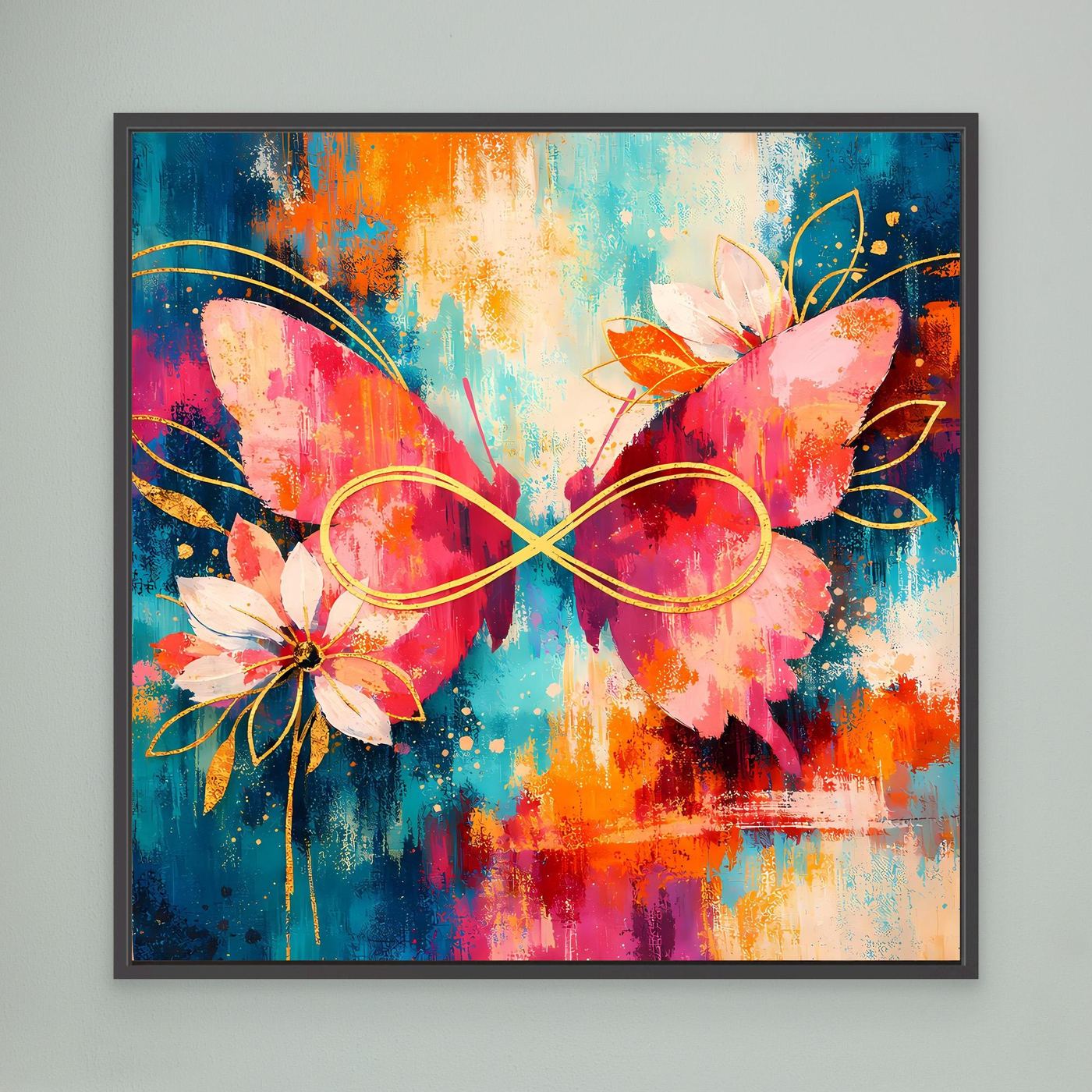 Abstraktes Leinwandbild mit Schmetterlingen, Blüten und Unendlichkeitszeichen, mit schwarzem Rahmen.