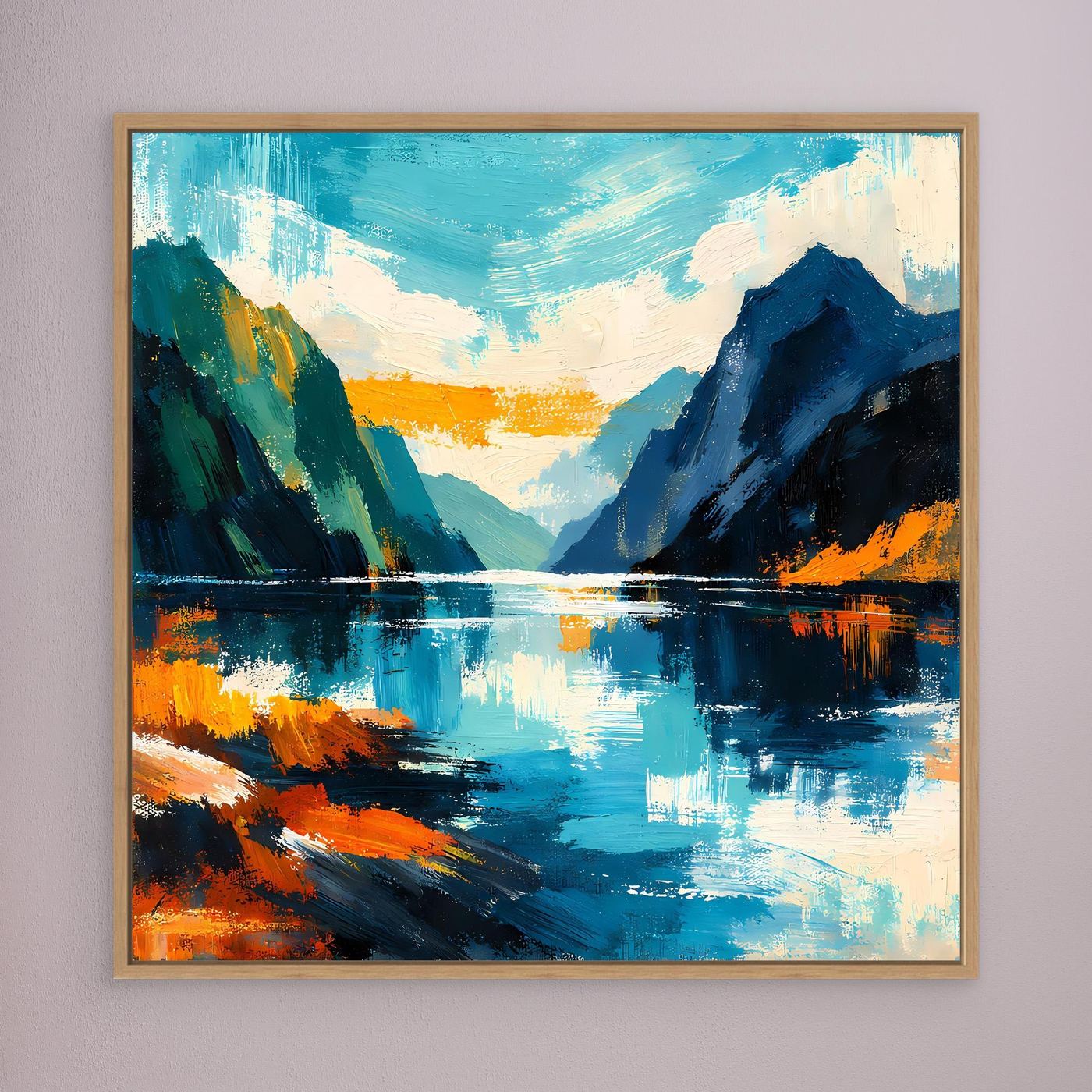 Abstraktes Fjord-Wandbild mit türkis-blauer Farbfläche und beigem Holzrahmen