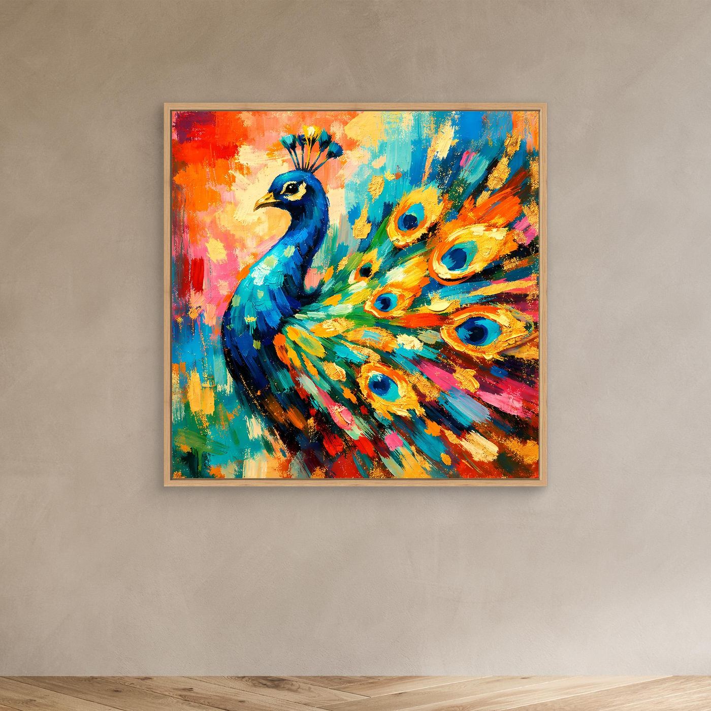 Leinwandbild mit abstraktem Pfau, bunte Farben, Rahmen in hellem Holz