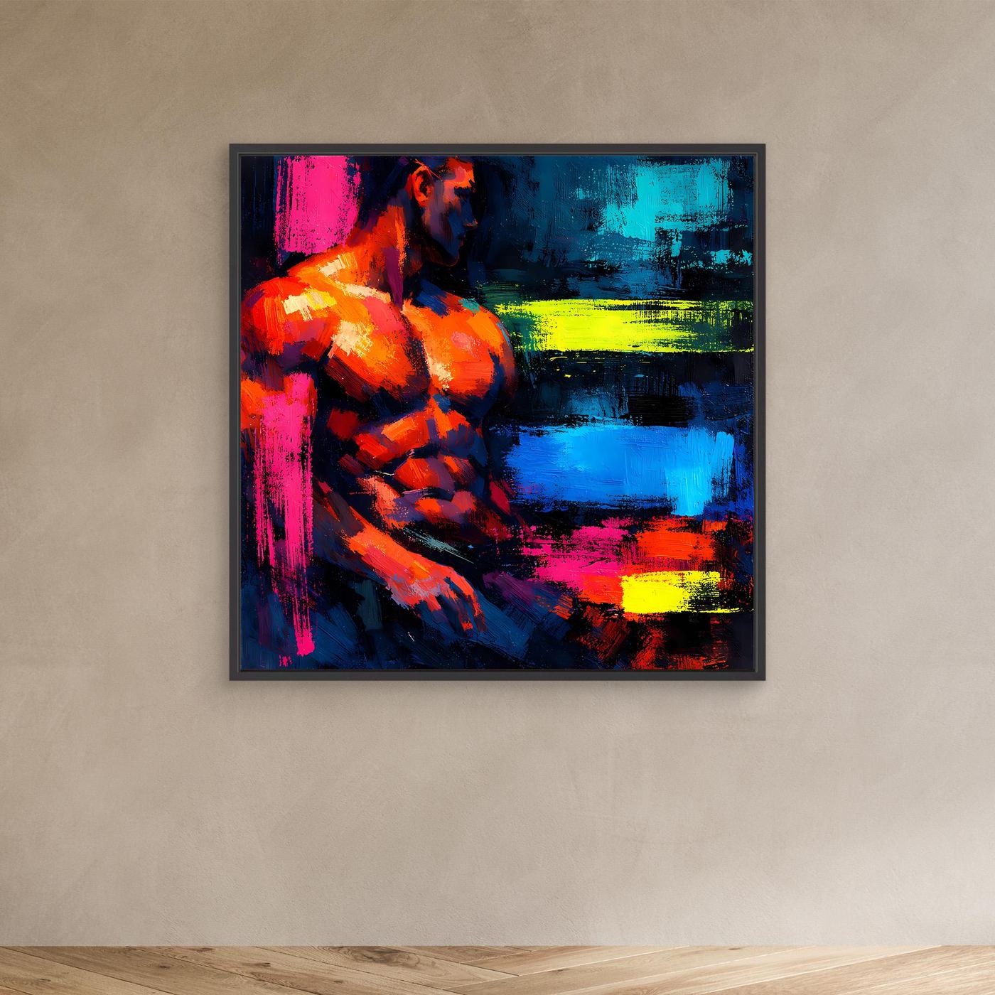 Leinwandbild Abstrakter Männlicher Torso | Moderner Neon-Kunst Wandbild auf echtem Holzkeilrahmen