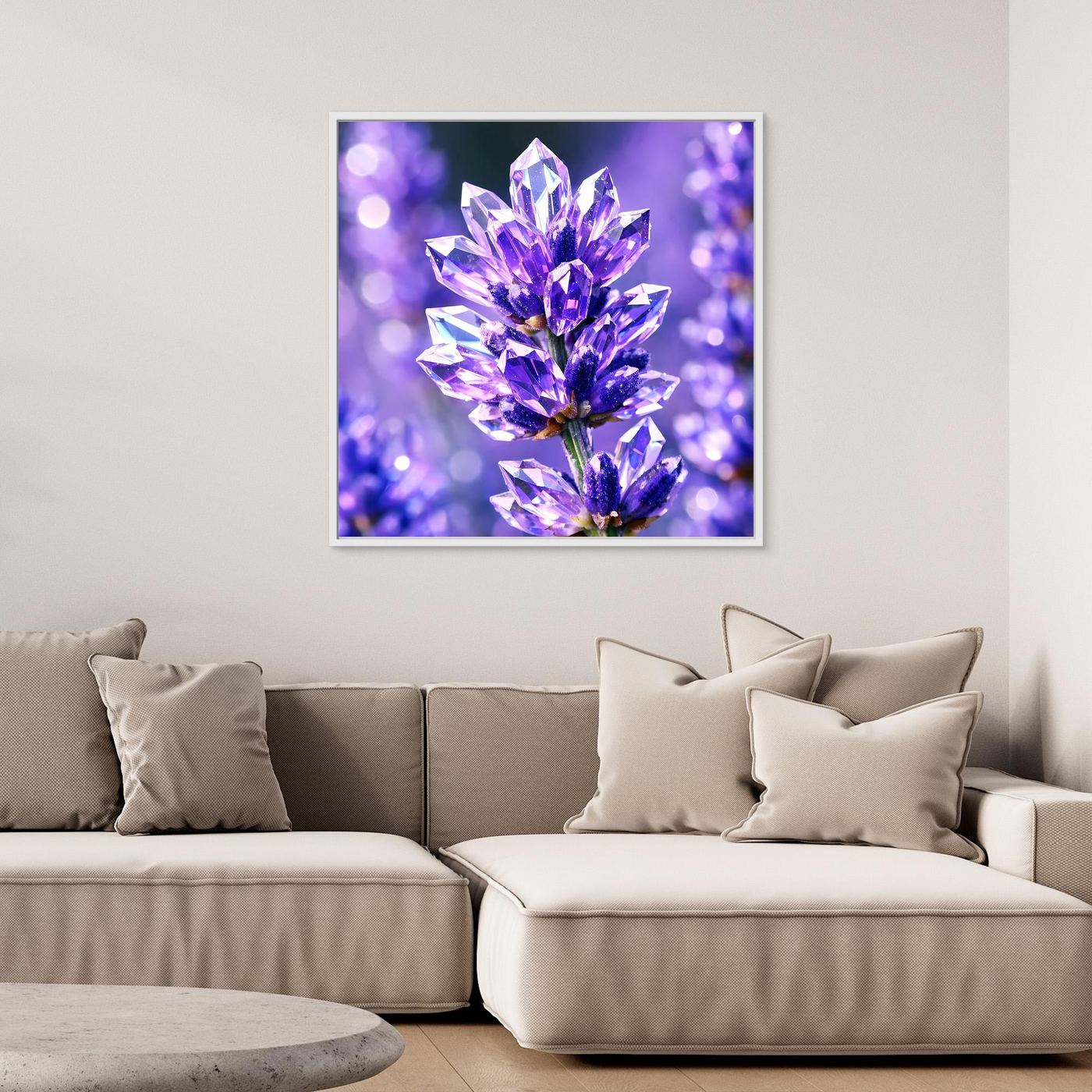 Leinwandbild mit violetten Kristallblüten, quadratisch, ohne sichtbaren Rahmen