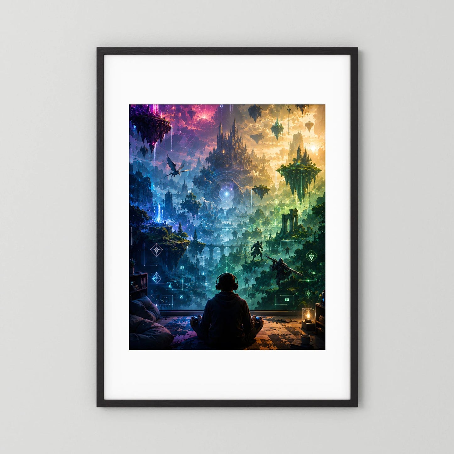 Kunstposter im schwarzen Rahmen mit weißem Passepartout, Fantasy-Gaming mit Inseln