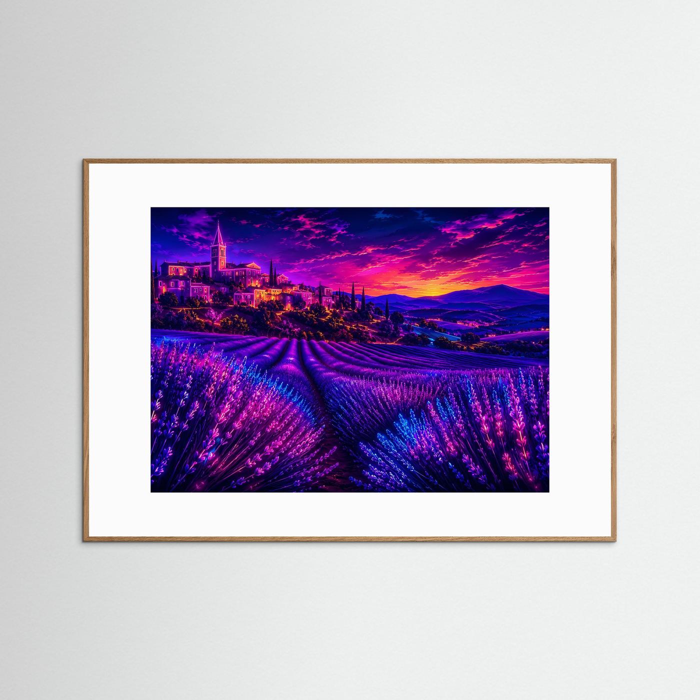 Lavendelfeld im Neon-Sonnenuntergang | Provence Landschaft in Lila & Pink