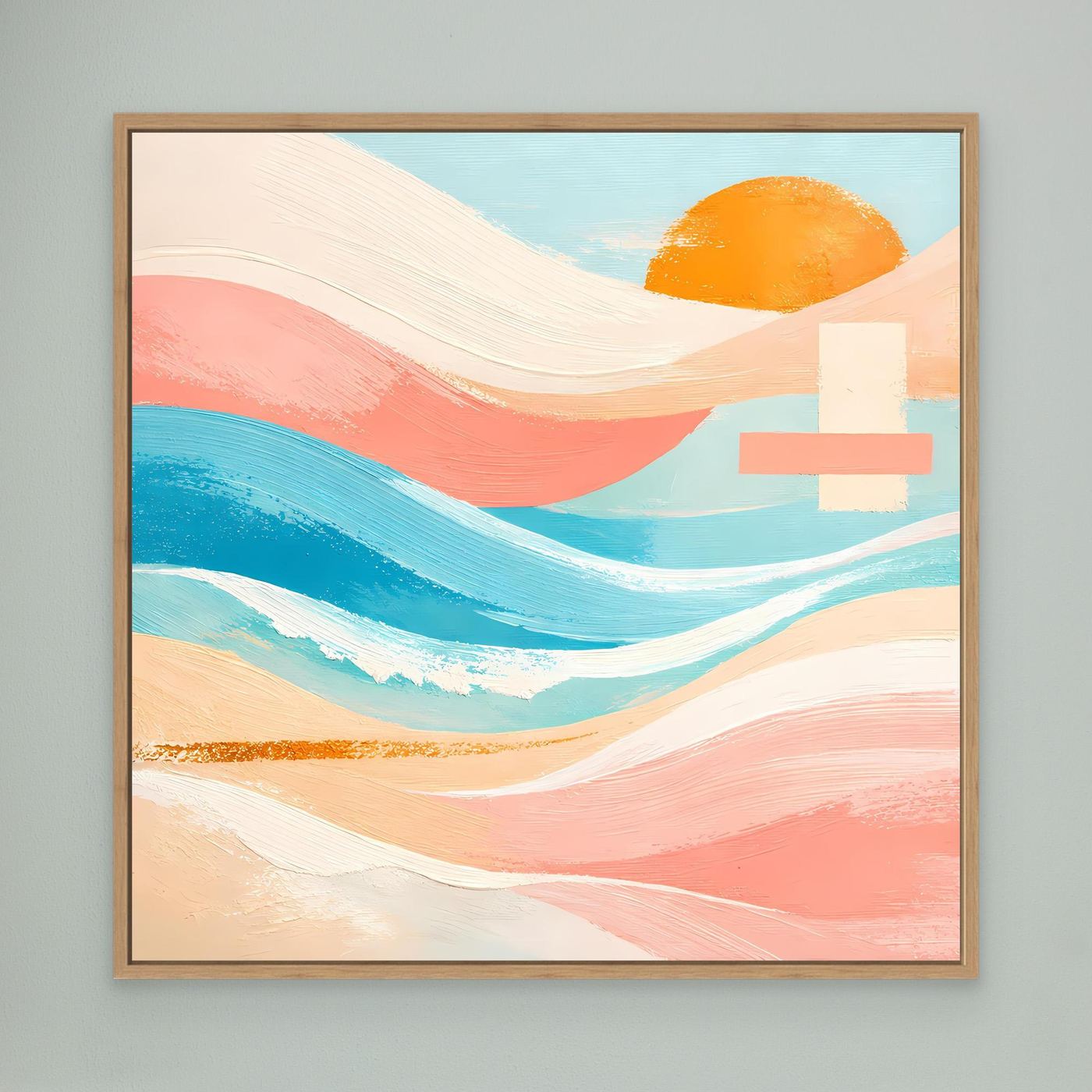 Abstraktes Leinwandbild mit Meer- und Sonnenmotiv im braunen Holzrahmen, Pastellfarben
