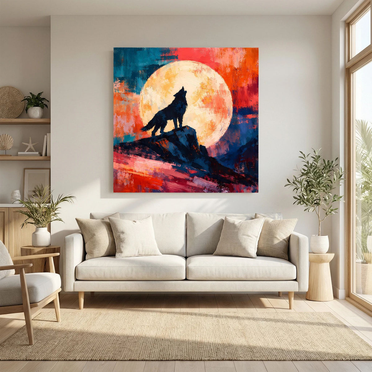 Leinwand Abstraktes Wolf Gemälde | Modernes Mystisches Wandbild Heulender Wolf Vollmond
