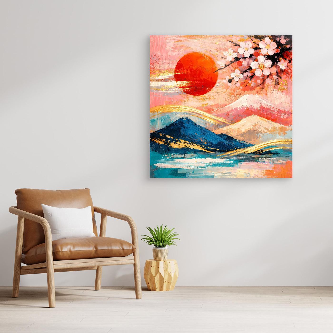Leinwandbild mit Kirschblütenzweig, roter Sonne und Berglandschaft in Pastellfarben, ohne Rahmen