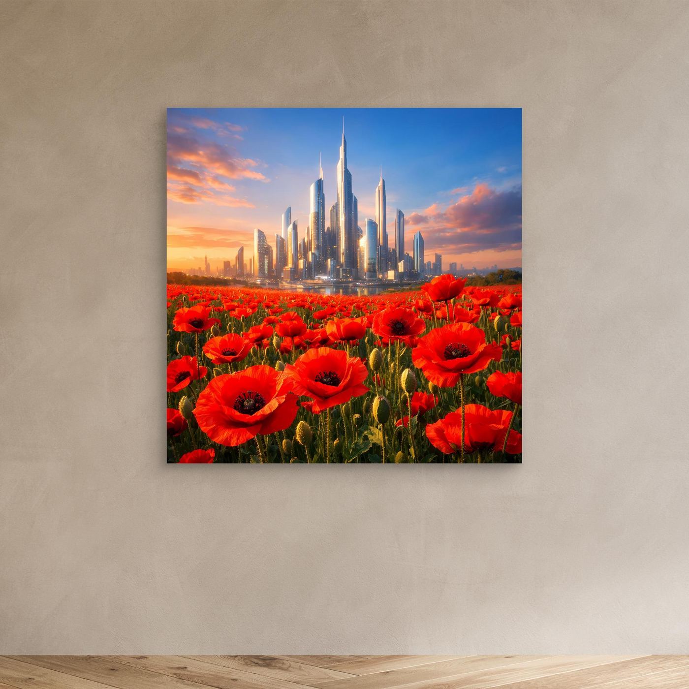 Leinwandbild mit roten Mohnblumen und futuristischer Skyline, kleiner Wandprint ohne Rahmen