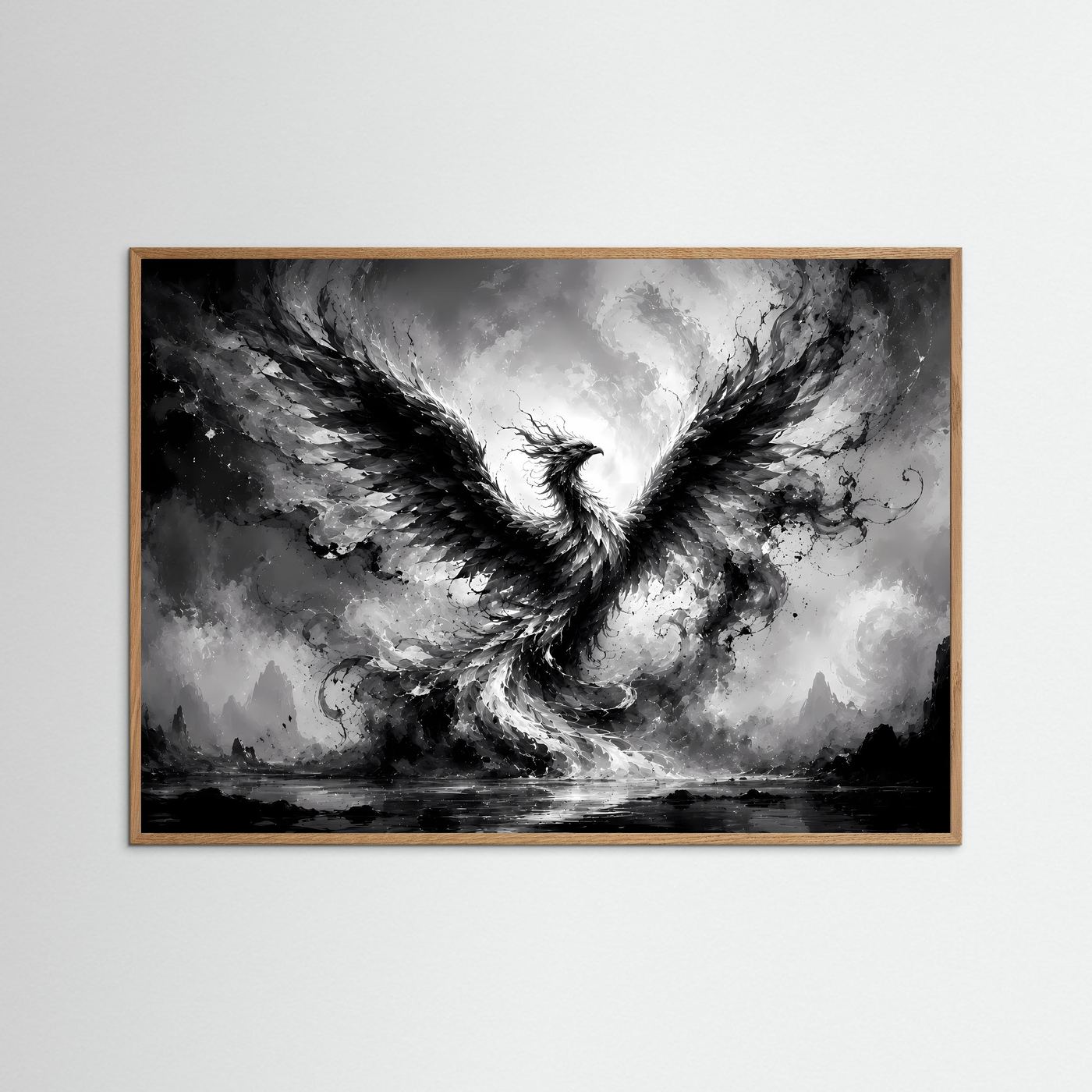 Phönix aus Licht und Schatten | Mystische Schwarz-Weiß Wandkunst – Abstrakter Feuervogel