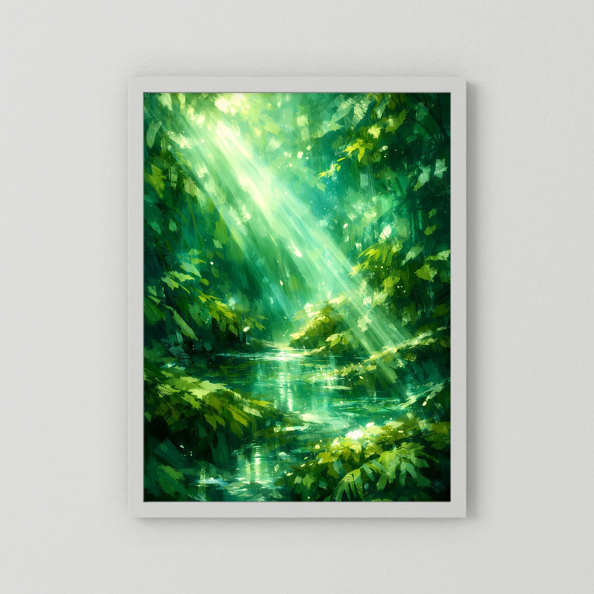 Poster mit weißem Rand und grüner Waldsee-Szene mit Sonnenstrahlen