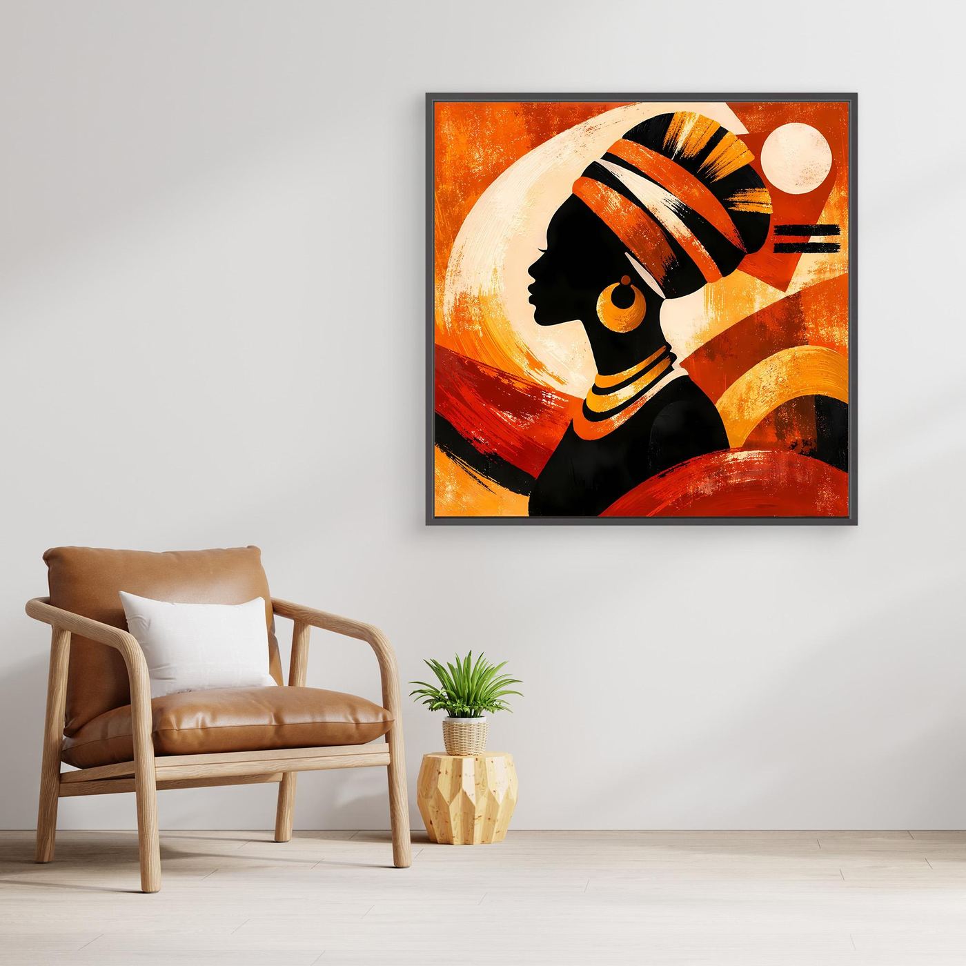 Leinwandbild mit abstrakter Porträtfrau, orange-goldene Farbakzente, goldfarbener Rahmen
