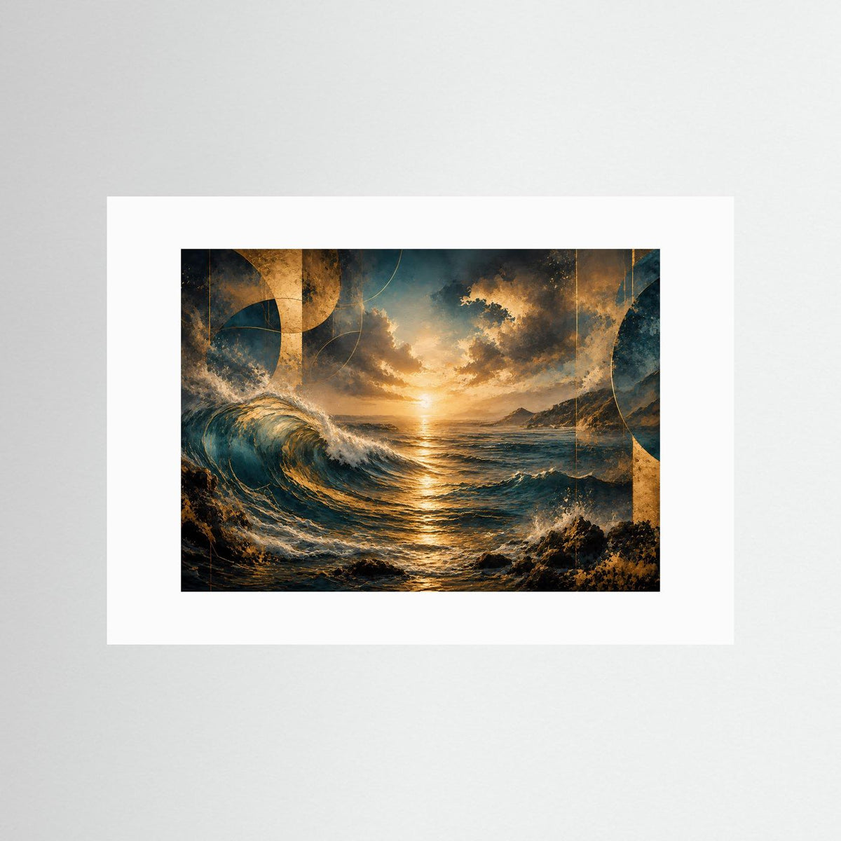 Abstraktes Meerposter im Querformat mit goldener Abendsonne und blauen Wellen, weißes Passepartout