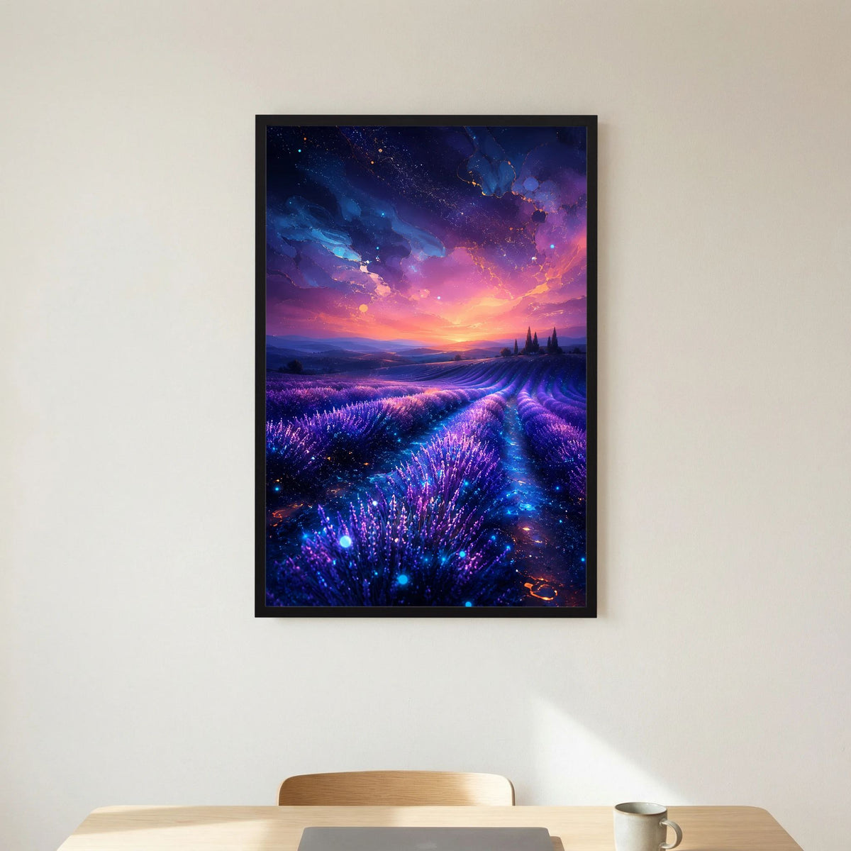 Poster im Hochformat mit leuchtendem Lavendelfeld, schwarzer Rahmen und Rand