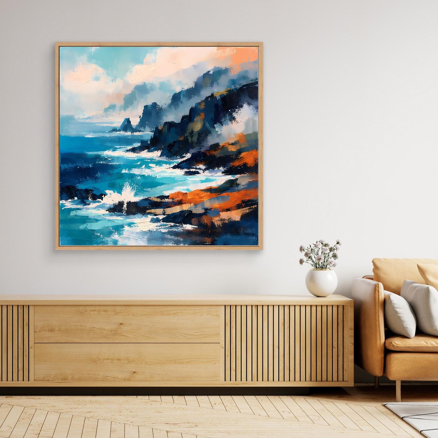Abstraktes Leinwand-Wandbild mit Küstenfelsen und Ozean, Holzrahmen