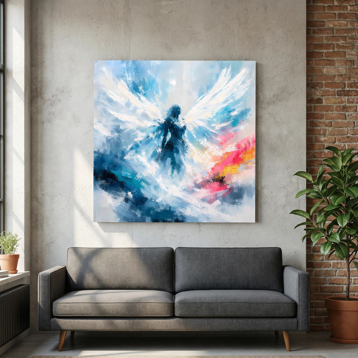 Quadratisches Leinwandbild auf Leinwand: abstrakter Engel in Blau und Weiß mit Flügeln.