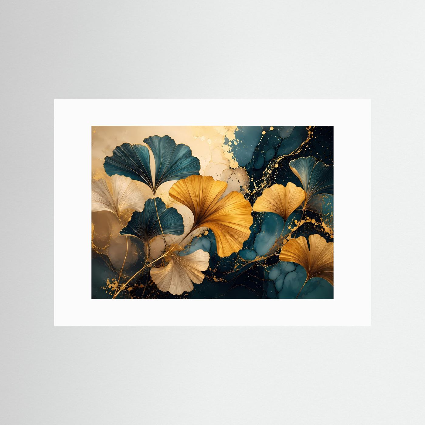 Ginkgo Blätter in Gold & Petrol | Elegante abstrakte Wandkunst