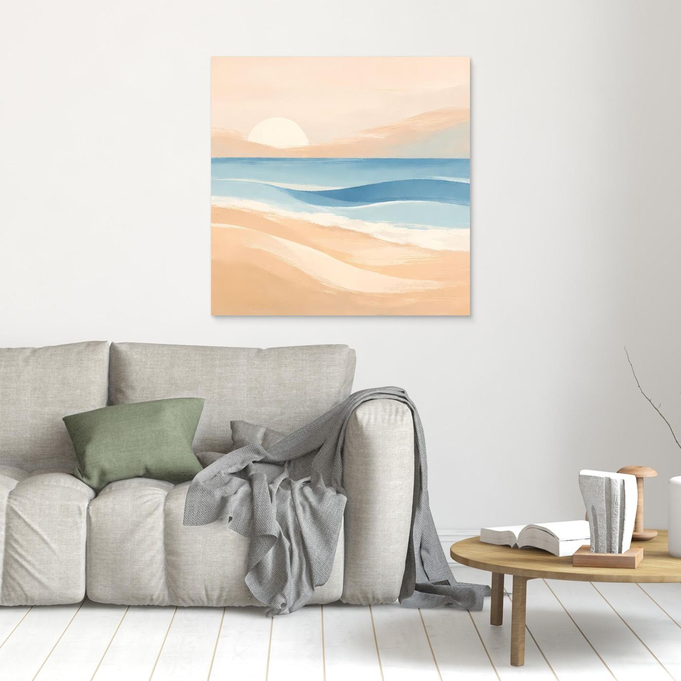Quadratisches Leinwandbild ohne Rahmen: abstrakter Strand mit Sonne und Meer in Pastell.