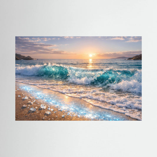 Ungerahmtes Wandbild mit Meereswellen und goldenem Sonnenaufgang am Strand