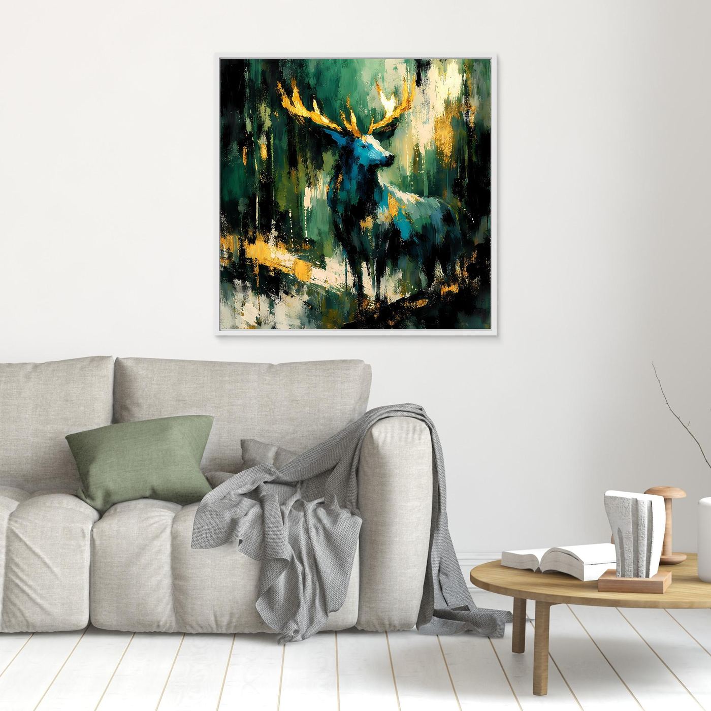 Leinwand-Wandbild mit silberfarbenem Rahmen: abstrakter Hirsch in Grün, Blau und Gold