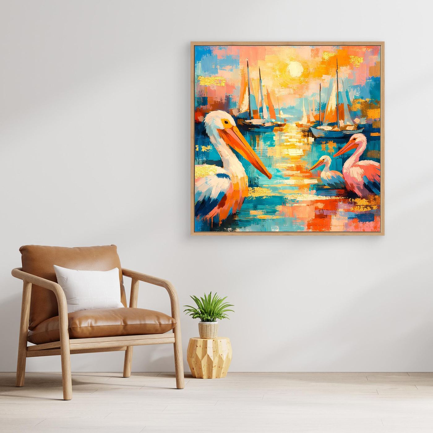 Leinwandbild mit bunten Pelikanen am Hafen und Segelbooten, Holzrahmen