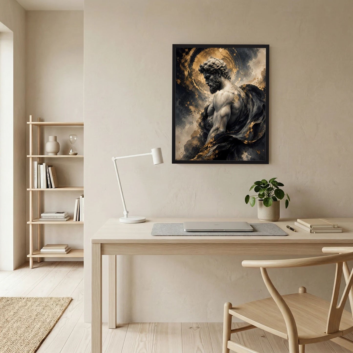 Gerahmtes Kunstposter im Hochformat mit ganzer Männerstatue und goldenem Heiligenschein in Schwarz-Gold