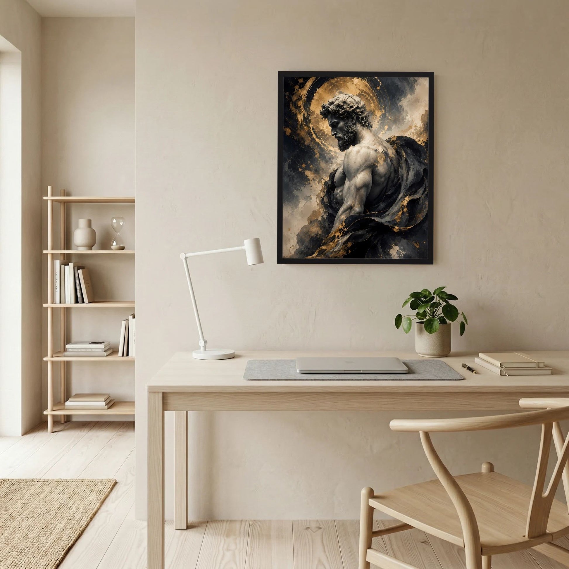 Gerahmtes Kunstposter im Hochformat mit ganzer Männerstatue und goldenem Heiligenschein in Schwarz-Gold