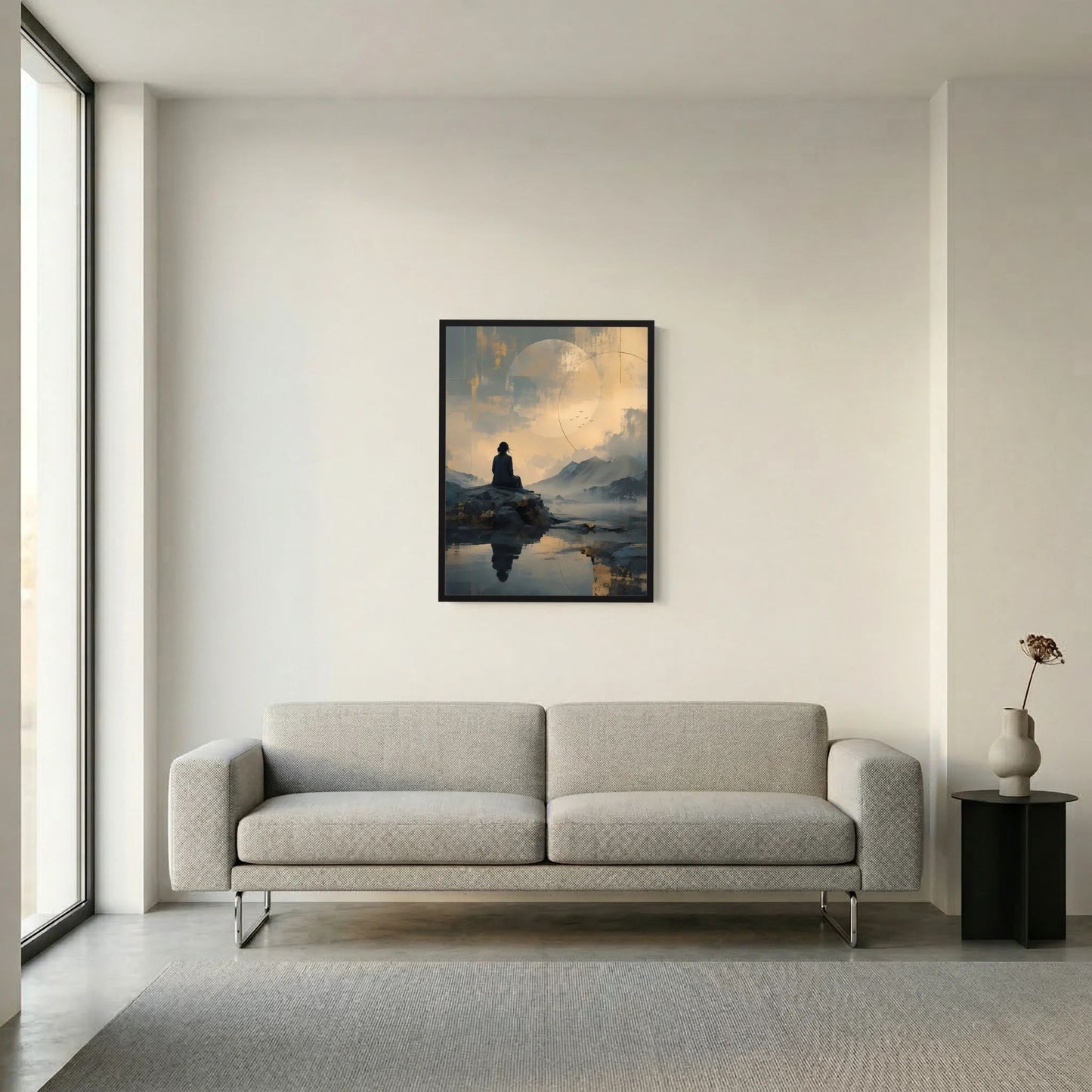 Gerahmtes Hochformat-Poster an der Wand: Meditationsfigur auf Fels im See, Berge, gold-graue Atmosphäre.