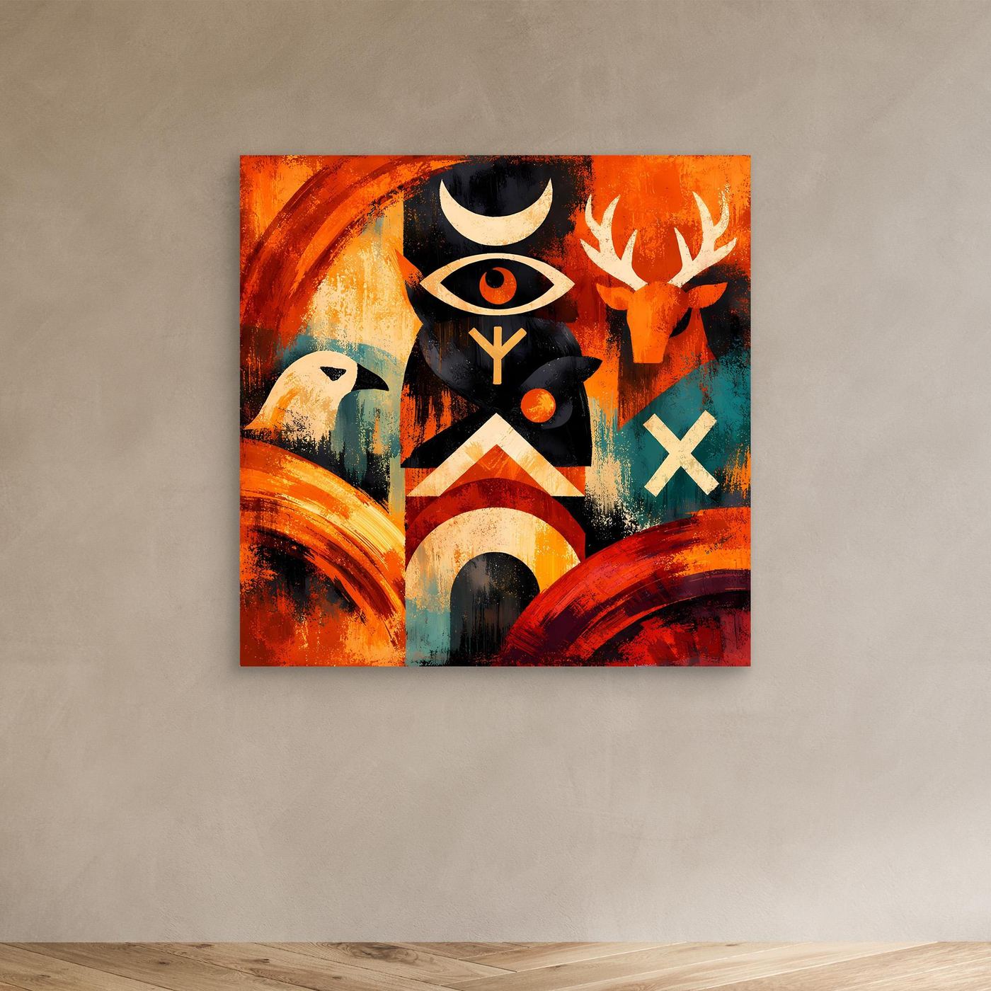 Abstraktes Leinwandbild mit Totem und Runen, Auge und Vogel; kräftige Farben