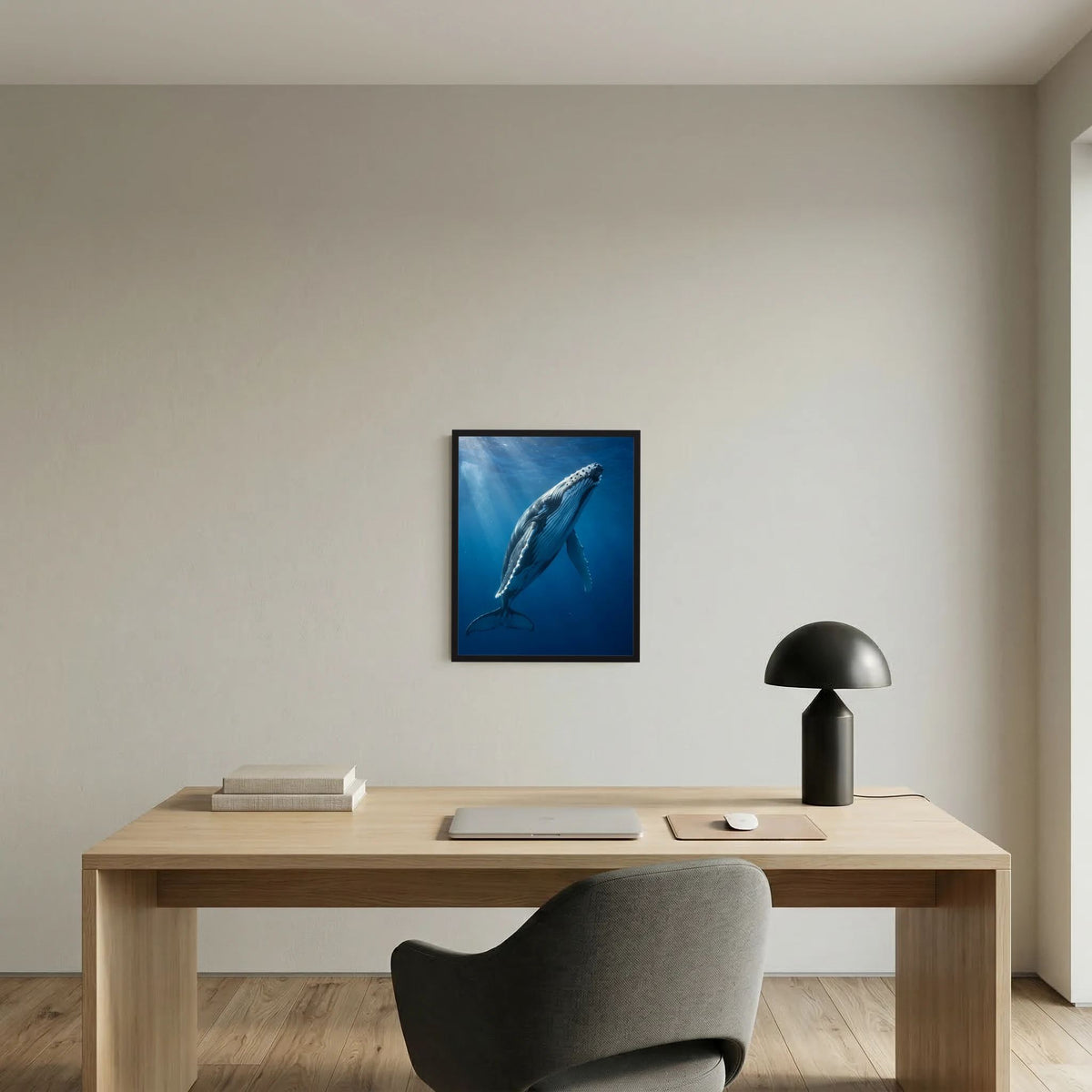 Kleines Poster mit Buckelwal unter Wasser, schwarzer Rahmen
