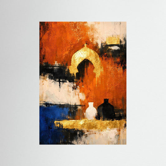 Abstraktes Stillleben auf Leinwand: orange, blau, goldene Bogenform, schwarze Details