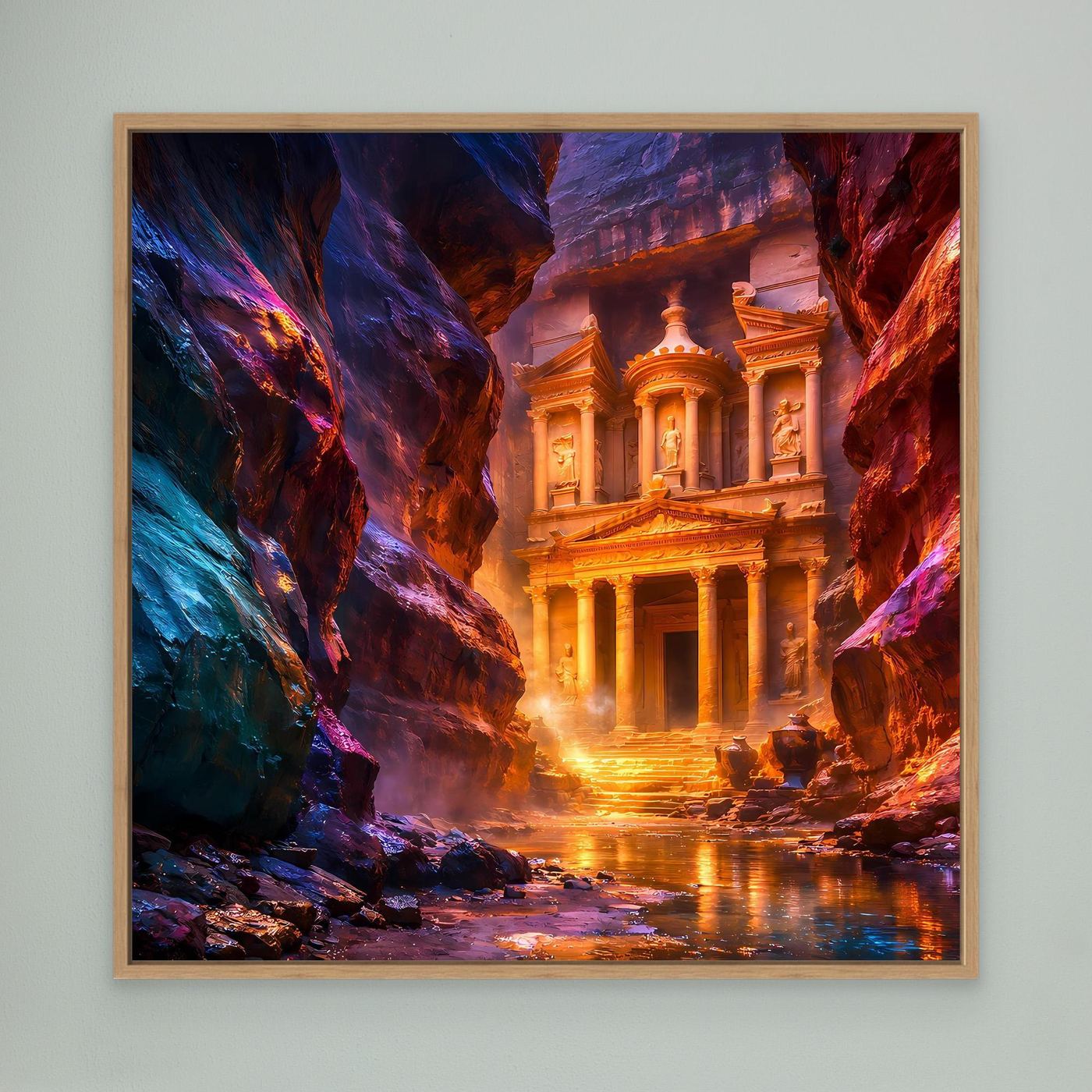 Leinwandbild Mystisches Petra im Abendlicht | Antike Felsenstadt Wandbild auf echtem Holzkeilrahmen