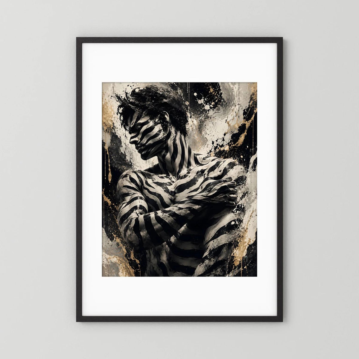 Zebra-Mann Wandkunst im Hochformat, Schwarz-Gold-Spritzer und schwarzer Rahmen mit Rand