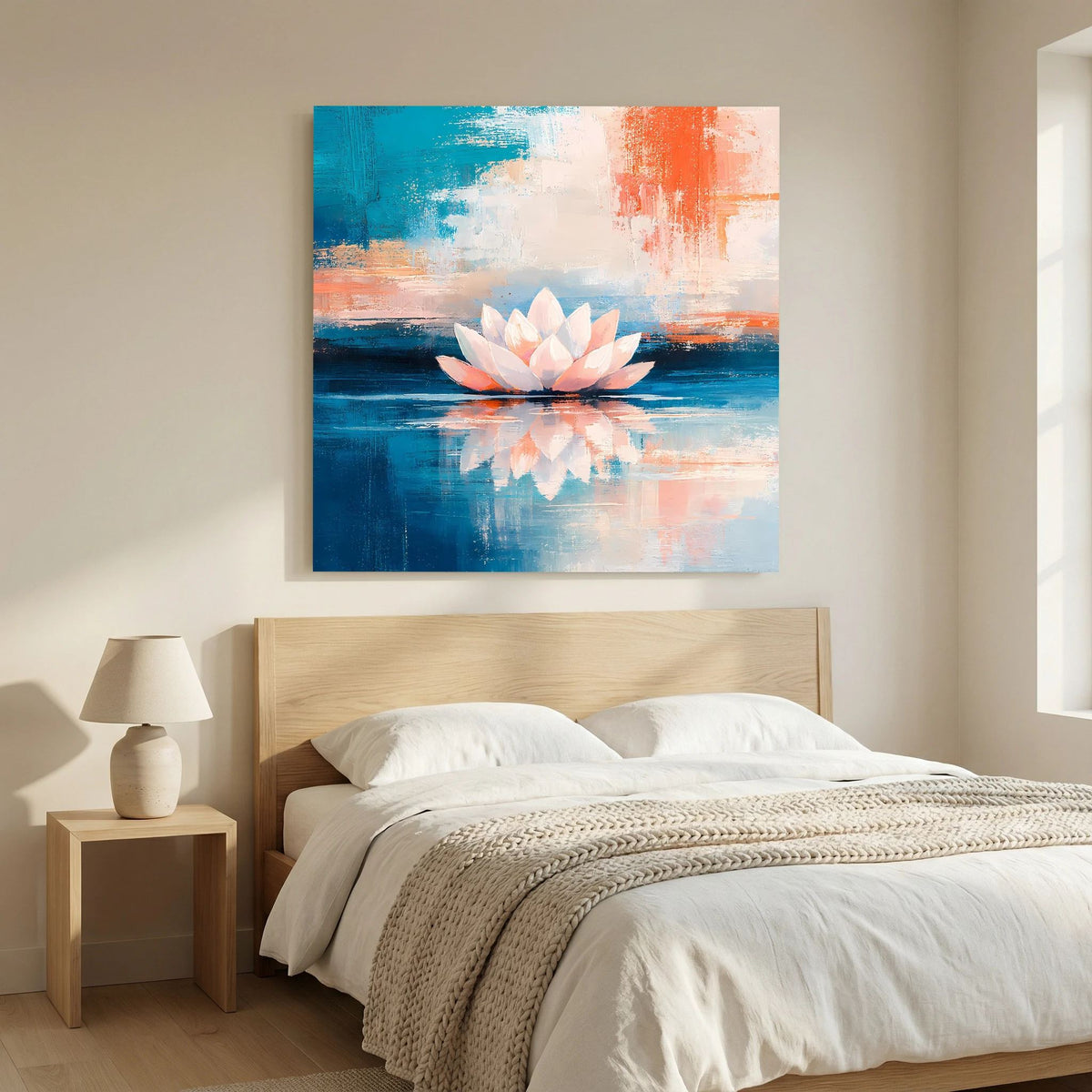 Abstraktes Lotus-Wandbild auf Leinwand: weiße Blüte mit Spiegelung in Blau und Orange