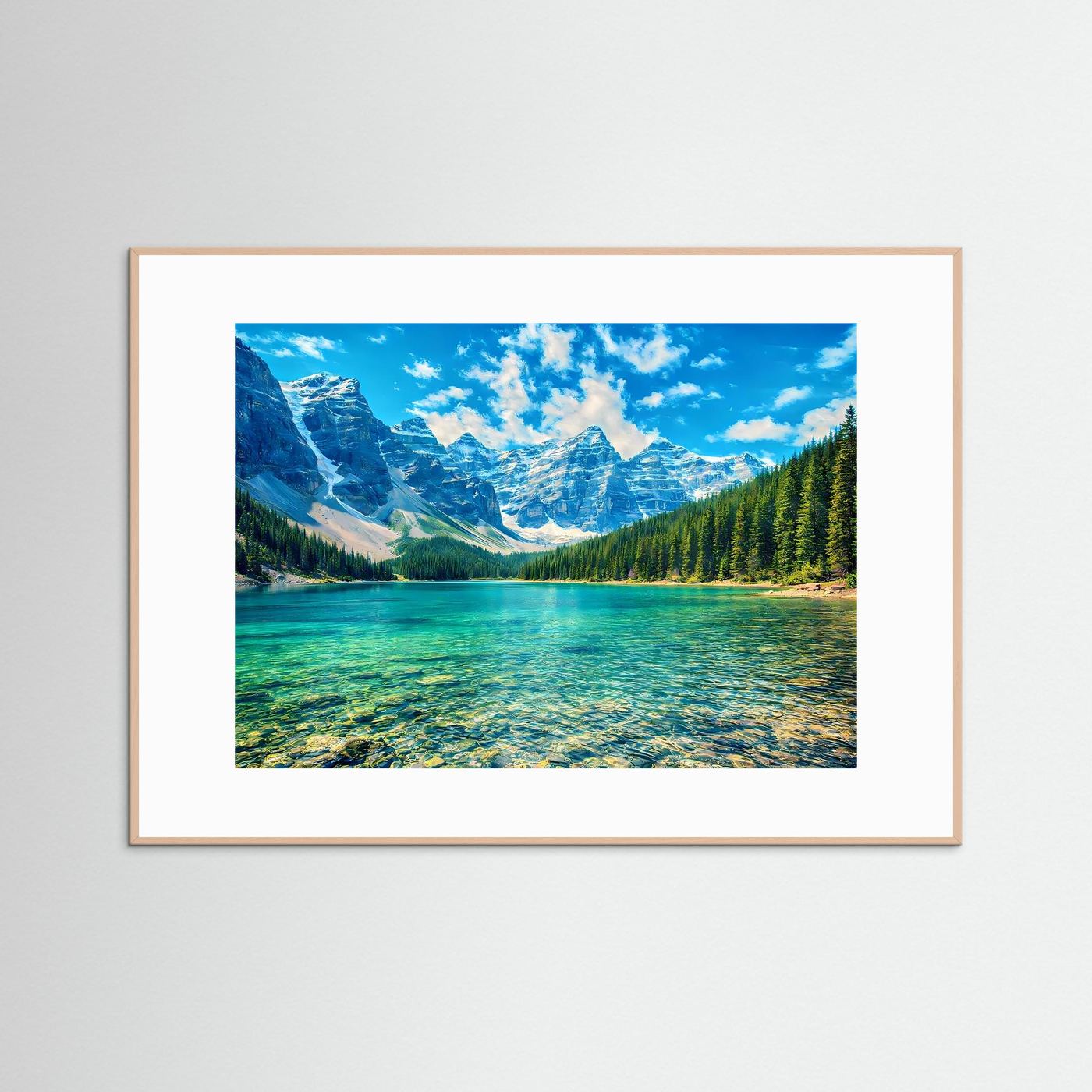 Landschafts-Wandbild mit türkisblauem See und Bergen, heller Holzrahmen