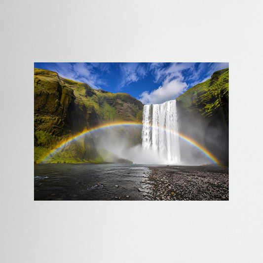 Wandbild mit Wasserfall, Regenbogen und Felsenlandschaft