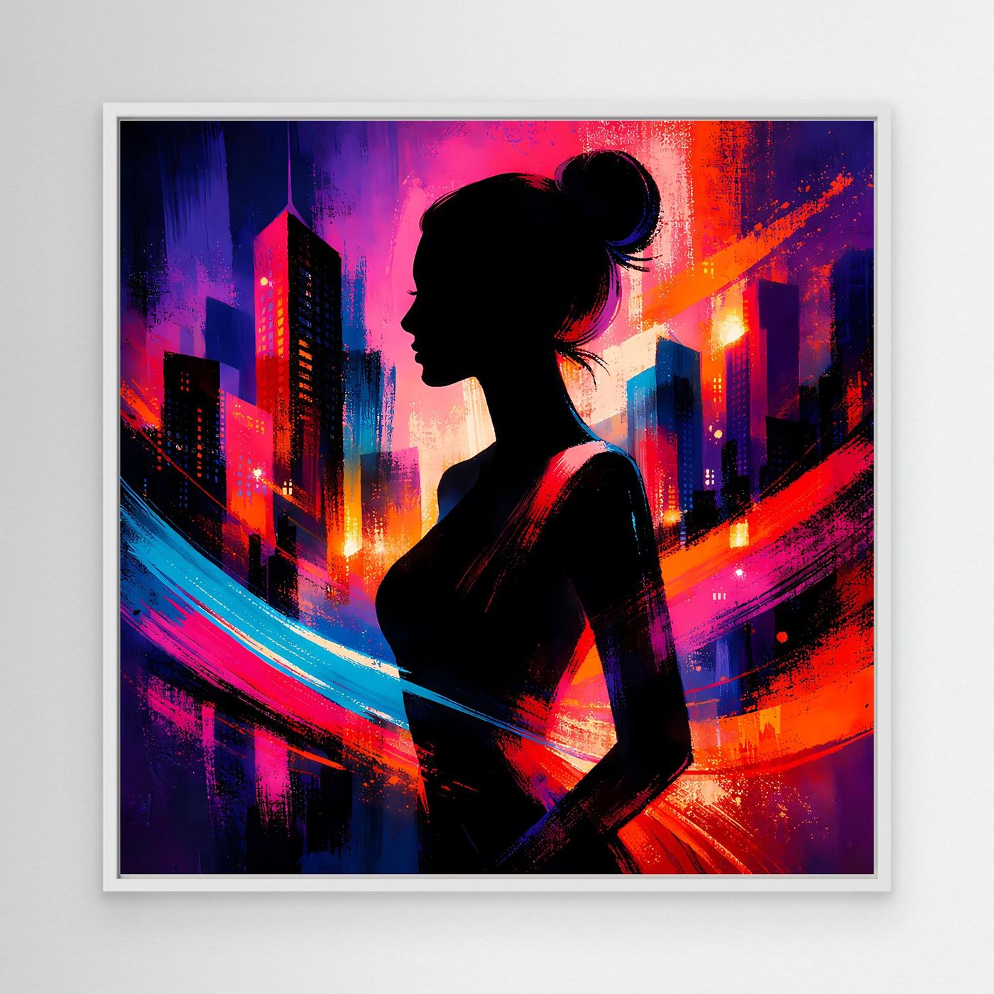 Leinwandbild mit weißem Rahmen: Silhouette einer Frau im Profil vor Neon-Skyline