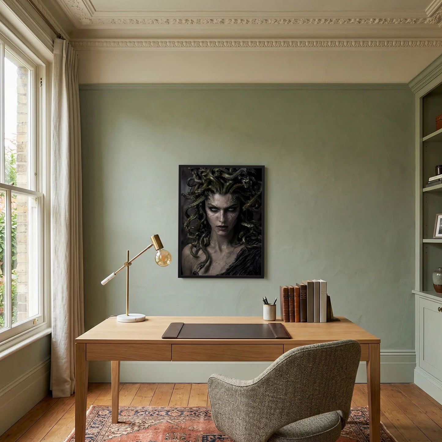 Fantasy-Poster mit Medusa: düsteres Frauenporträt mit Schlangenhaaren, Brustansicht